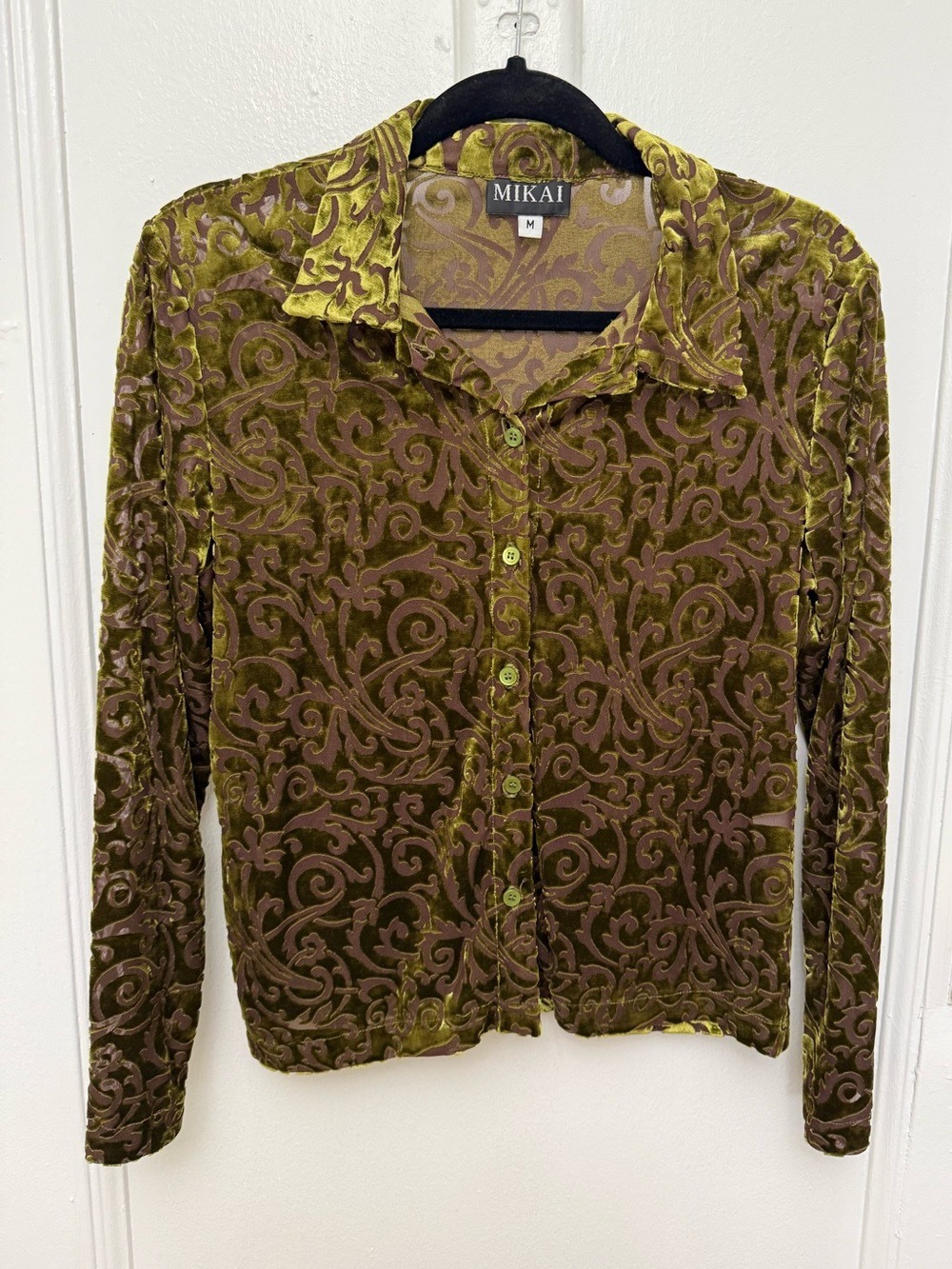 Vintage 90s Mikai Shimmering Olive Green Velvet Burnout Button-Up Top Size M